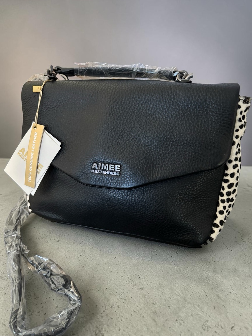 Aimee Kestenberg Black Pebbled Leather & Leopard Calf Hair Handbag NWT